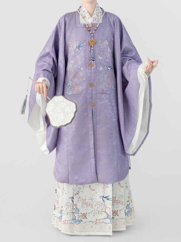 Hanfu za žene, Ming stil, duga haljina s izvezenim ukrasima i patchworkom, preklopni ovratnik, svakodnevna upotreba, jesen-zima