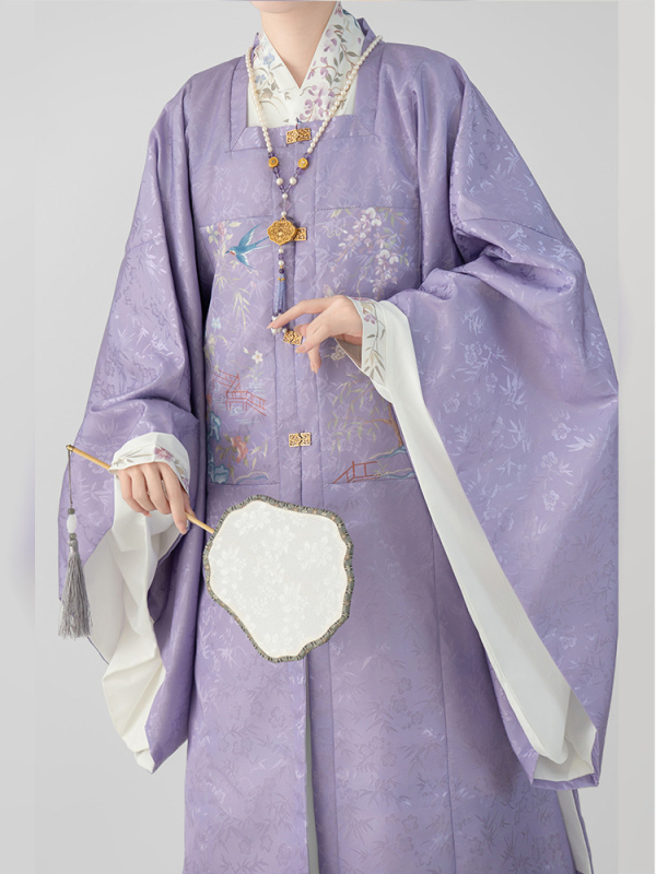 Hanfu za žene, Ming stil, duga haljina s izvezenim ukrasima i patchworkom, preklopni ovratnik, svakodnevna upotreba, jesen-zima