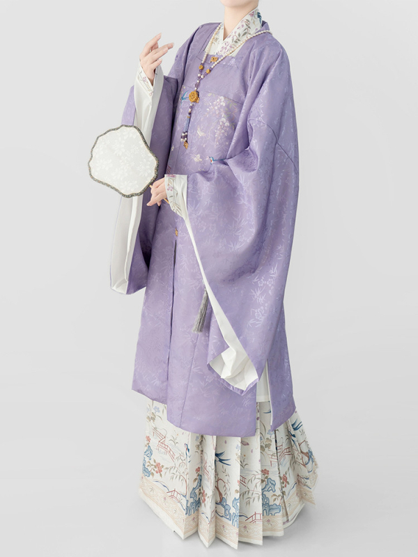Hanfu za žene, Ming stil, duga haljina s izvezenim ukrasima i patchworkom, preklopni ovratnik, svakodnevna upotreba, jesen-zima