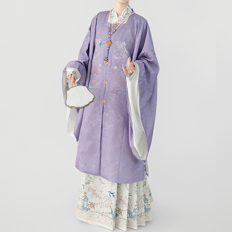 Hanfu za žene, Ming stil, duga haljina s izvezenim ukrasima i patchworkom, preklopni ovratnik, svakodnevna upotreba, jesen-zima