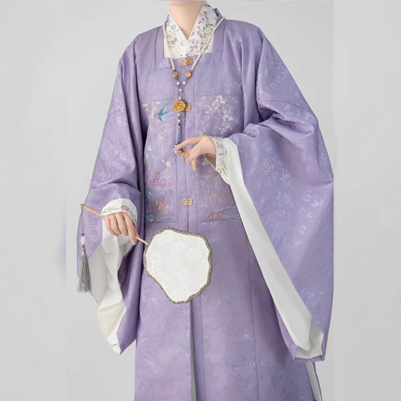 Hanfu za žene, Ming stil, duga haljina s izvezenim ukrasima i patchworkom, preklopni ovratnik, svakodnevna upotreba, jesen-zima