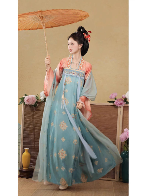Hanfu set s izvezenim u stilu Tang dinastije, top dužine do prsa i suknja, svakodnevna upotreba, proljeće-ljeto
