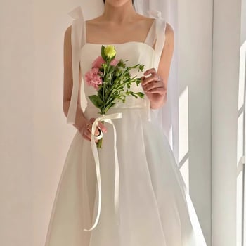 Bijela vjenčanica bez rukava s trakama, lagana organza, duga haljina A-linije za vanjske svadbe