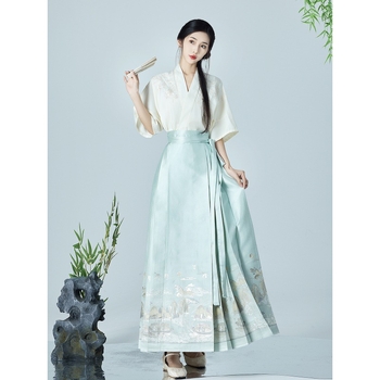 Hanfu inspiriran top s kratkim rukavima i preklopnim ovratnikom, gusta izvezenost z zlatnom nitom, Mamian suknja