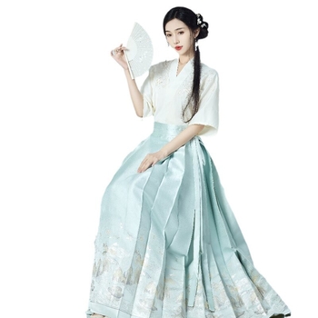Hanfu inspiriran top s kratkim rukavima i preklopnim ovratnikom, gusta izvezenost z zlatnom nitom, Mamian suknja