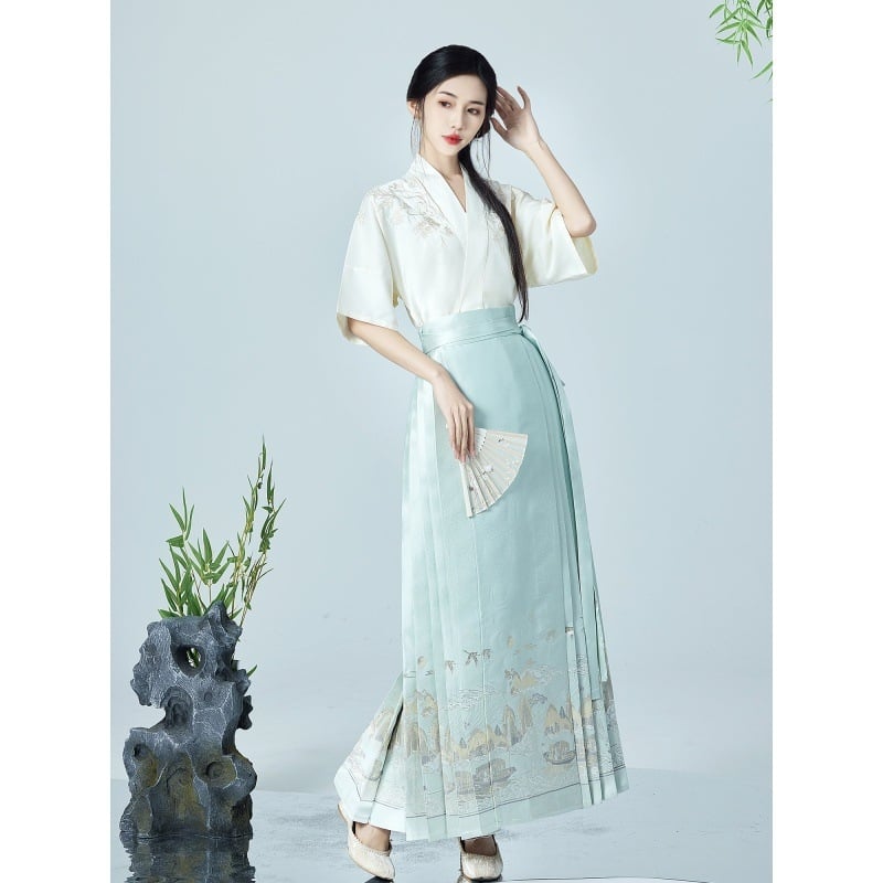 Hanfu inspiriran top s kratkim rukavima i preklopnim ovratnikom, gusta izvezenost z zlatnom nitom, Mamian suknja