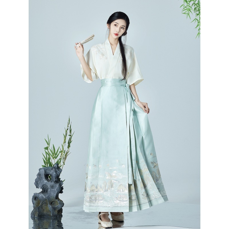 Hanfu inspiriran top s kratkim rukavima i preklopnim ovratnikom, gusta izvezenost z zlatnom nitom, Mamian suknja