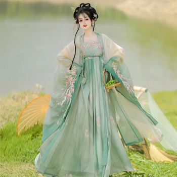 Ženska Hanfu suknja u stilu Tang dinastije, široki rukavi, šifon, skladan uzorak boja, kolazno šivanje