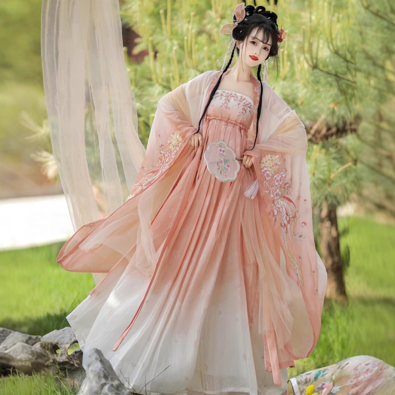 Ženska Hanfu suknja u stilu Tang dinastije, široki rukavi, šifon, skladan uzorak boja, kolazno šivanje