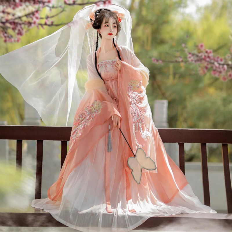 Ženska Hanfu suknja u stilu Tang dinastije, široki rukavi, šifon, skladan uzorak boja, kolazno šivanje