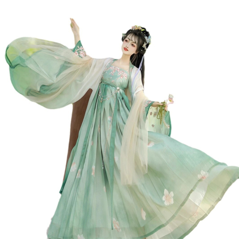 Ženska Hanfu suknja u stilu Tang dinastije, široki rukavi, šifon, skladan uzorak boja, kolazno šivanje