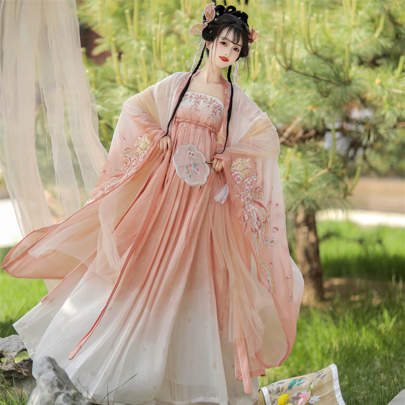 Ženska Hanfu suknja u stilu Tang dinastije, široki rukavi, šifon, skladan uzorak boja, kolazno šivanje
