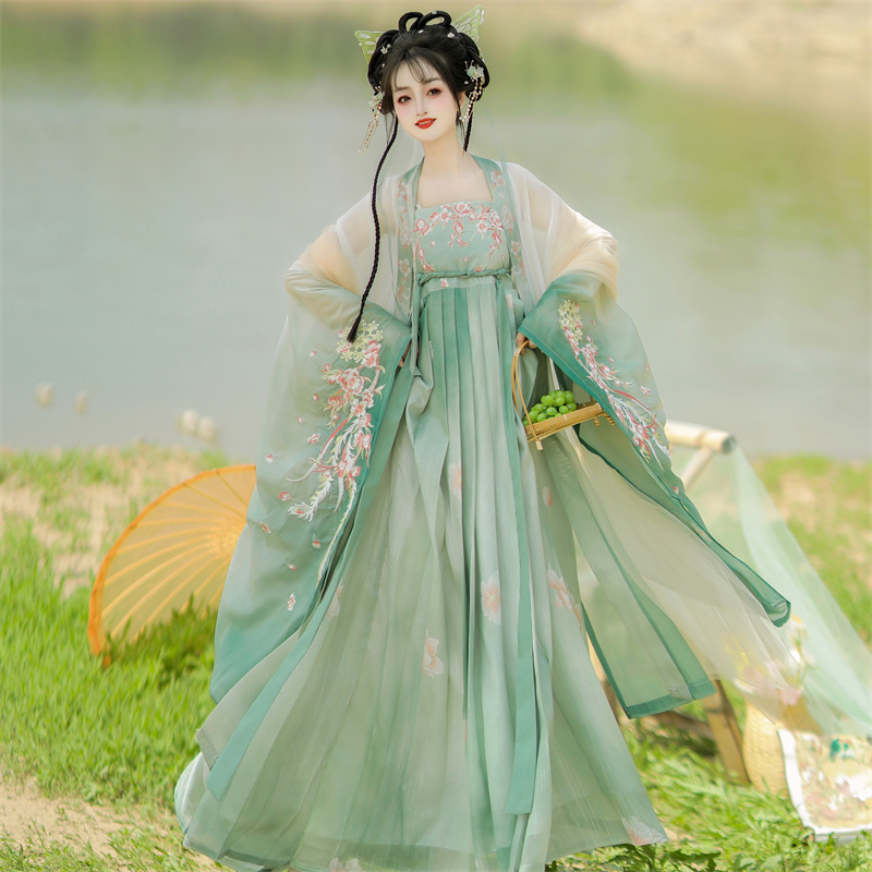 Ženska Hanfu suknja u stilu Tang dinastije, široki rukavi, šifon, skladan uzorak boja, kolazno šivanje