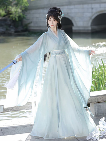Ženski Hanfu u Wei-Jin stilu, eterični križni ovratnik, duljina do struka, široki rukavi, ukrašena suknja s osam panela, drevni kostim, proljeće 2026