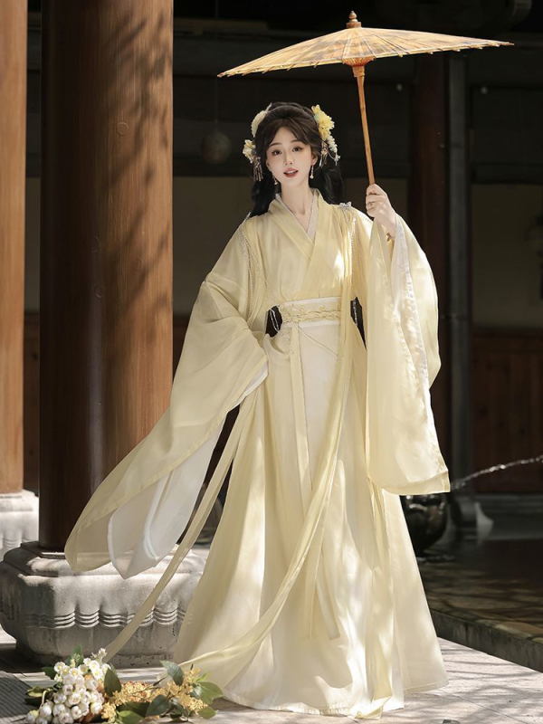 Ženski Hanfu u Wei-Jin stilu, eterični križni ovratnik, duljina do struka, široki rukavi, ukrašena suknja s osam panela, drevni kostim, proljeće 2026