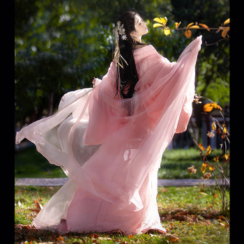 Ružičasti Hanfu set s čipkastim gornjim dijelom i dugim rukavima, inspiriran doba ratnih država, drevni stil.