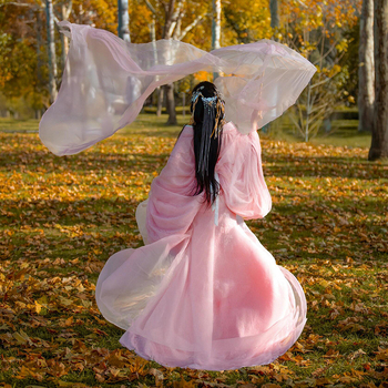 Ružičasti Hanfu set s čipkastim gornjim dijelom i dugim rukavima, inspiriran doba ratnih država, drevni stil.