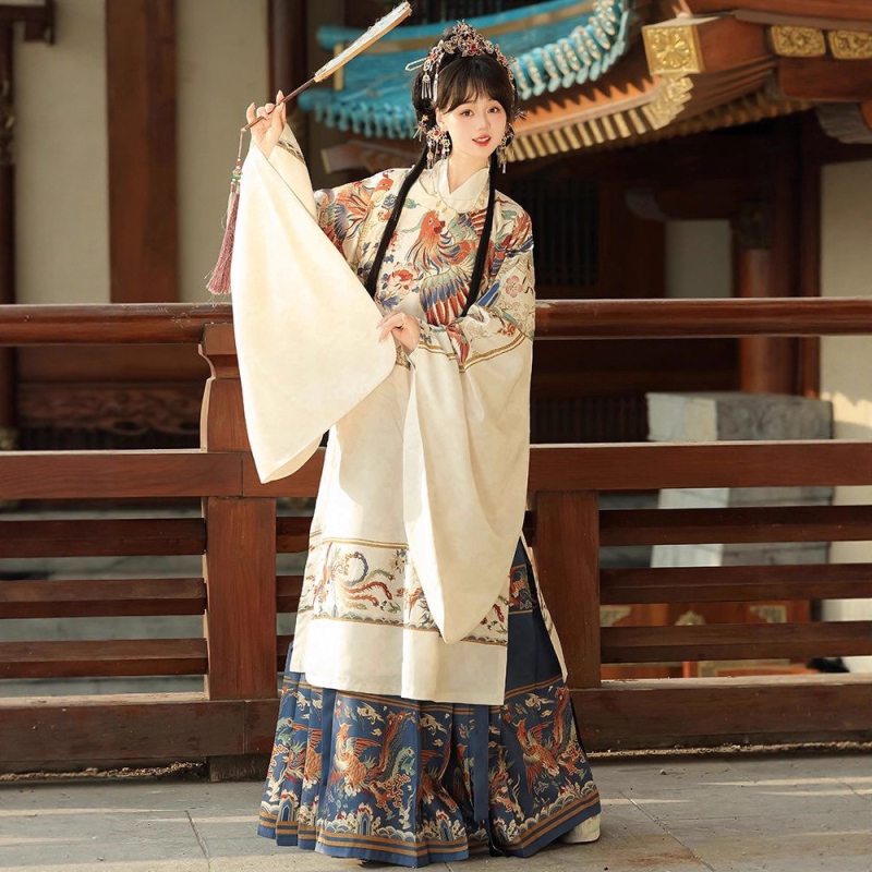 Hanfu za najbolju prijateljicu: Ming stil ispisana duga haljina s okruglim izrezom i Mamian suknja, jesensko-zimski outfit set