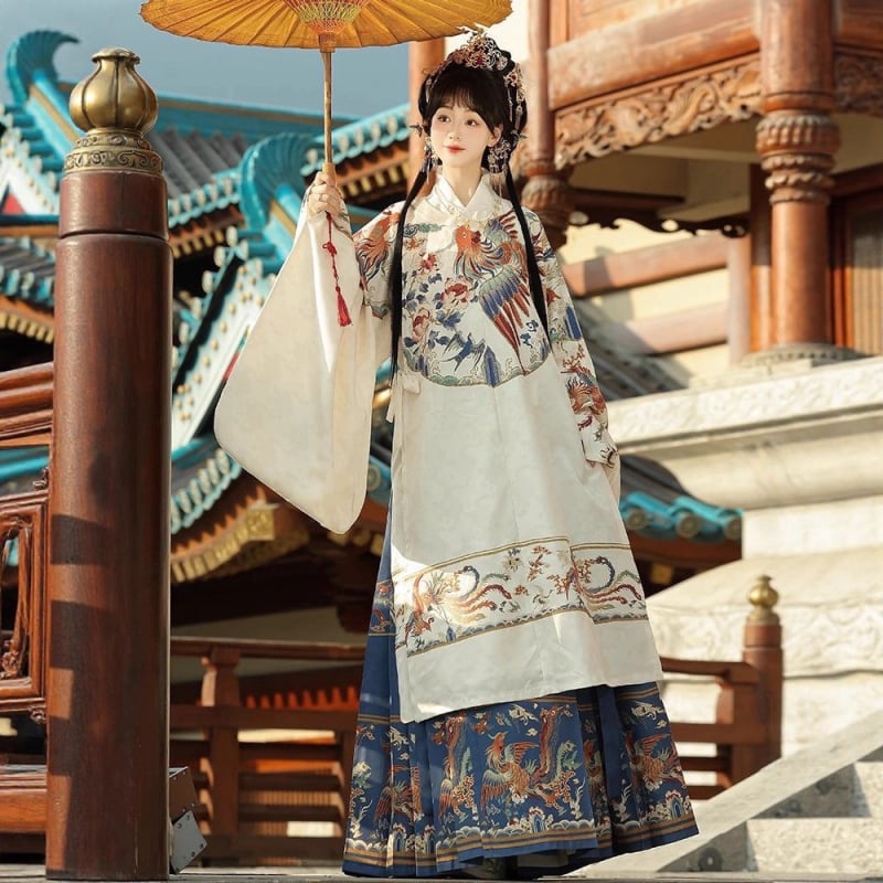 Hanfu za najbolju prijateljicu: Ming stil ispisana duga haljina s okruglim izrezom i Mamian suknja, jesensko-zimski outfit set