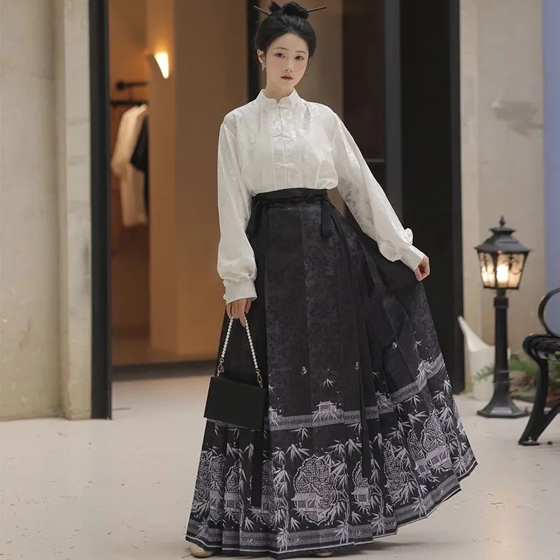 Hanfu ženski set u Ming stilu, svakodnevni komad, vitka silueta, suknja s dizajnom horse-face, moderno kinesko nadahnuće.