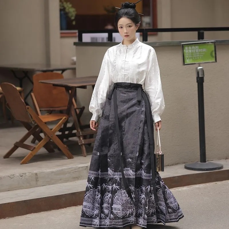 Hanfu ženski set u Ming stilu, svakodnevni komad, vitka silueta, suknja s dizajnom horse-face, moderno kinesko nadahnuće.