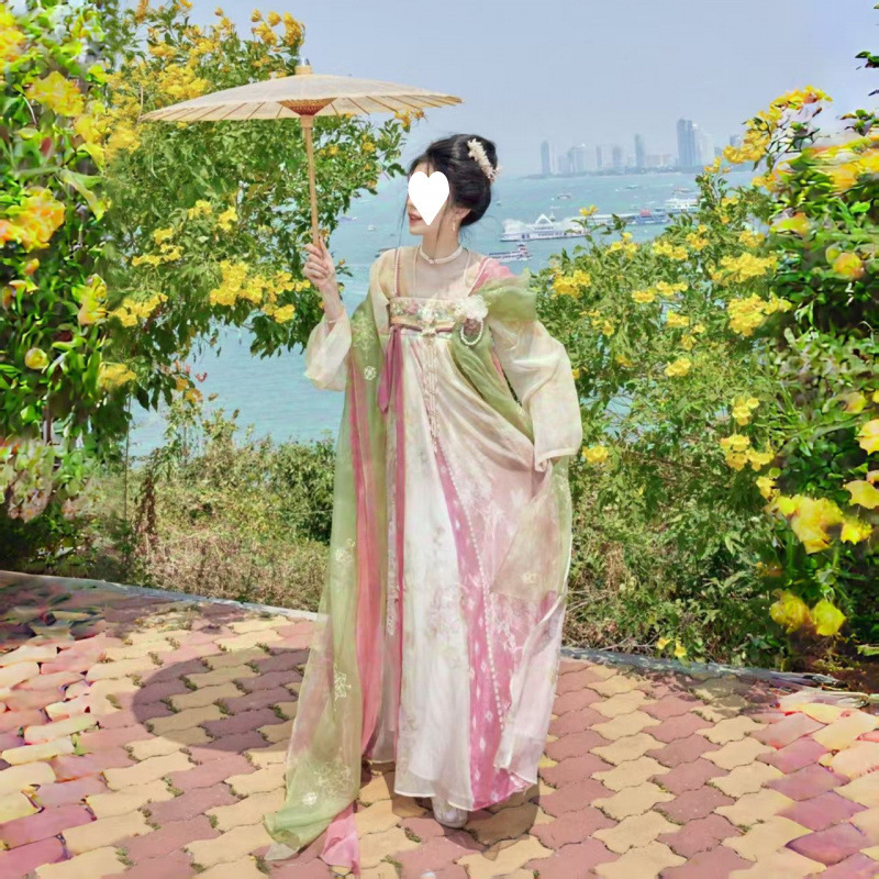 Ženski Hanfu set u kineskom starom stilu s jadeitnim detaljem, proljetna izvezena haljina, ružičasta suknja do prsa, tiskana košulja s dvostrukim kopčanjem, Tang dinastija stil