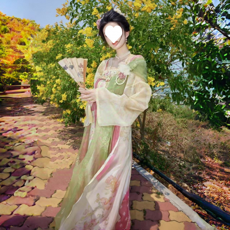 Ženski Hanfu set u kineskom starom stilu s jadeitnim detaljem, proljetna izvezena haljina, ružičasta suknja do prsa, tiskana košulja s dvostrukim kopčanjem, Tang dinastija stil