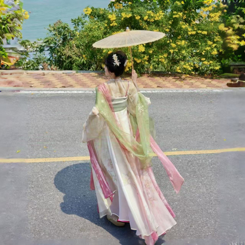 Ženski Hanfu set u kineskom starom stilu s jadeitnim detaljem, proljetna izvezena haljina, ružičasta suknja do prsa, tiskana košulja s dvostrukim kopčanjem, Tang dinastija stil