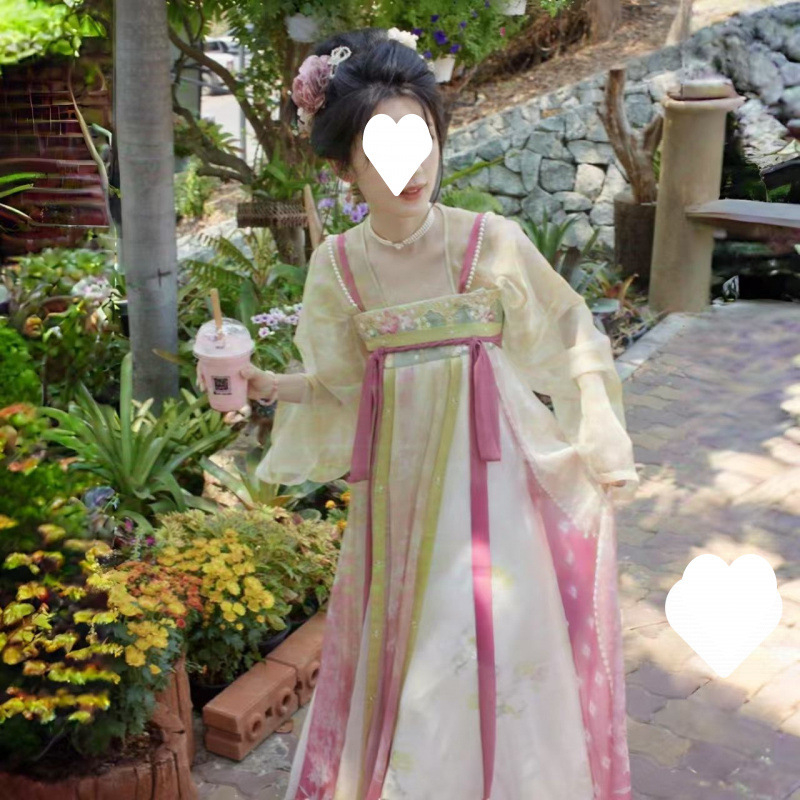 Ženski Hanfu set u kineskom starom stilu s jadeitnim detaljem, proljetna izvezena haljina, ružičasta suknja do prsa, tiskana košulja s dvostrukim kopčanjem, Tang dinastija stil