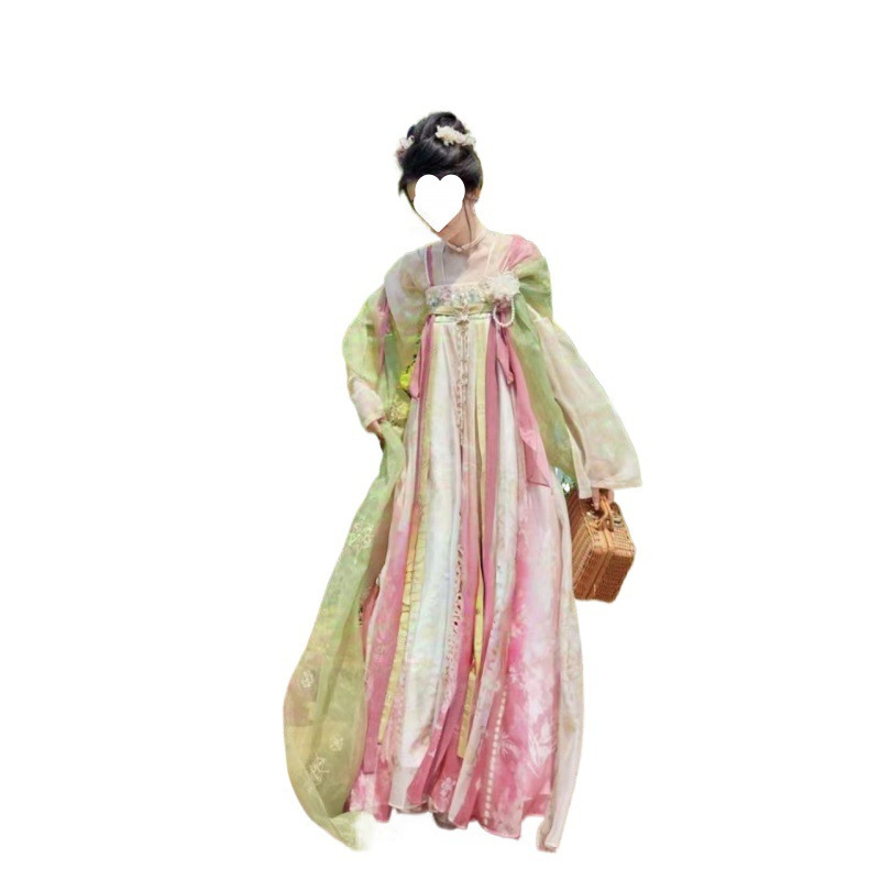 Ženski Hanfu set u kineskom starom stilu s jadeitnim detaljem, proljetna izvezena haljina, ružičasta suknja do prsa, tiskana košulja s dvostrukim kopčanjem, Tang dinastija stil