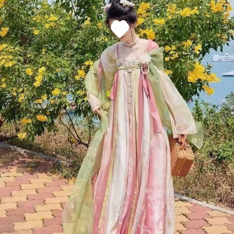 Ženski Hanfu set u kineskom starom stilu s jadeitnim detaljem, proljetna izvezena haljina, ružičasta suknja do prsa, tiskana košulja s dvostrukim kopčanjem, Tang dinastija stil