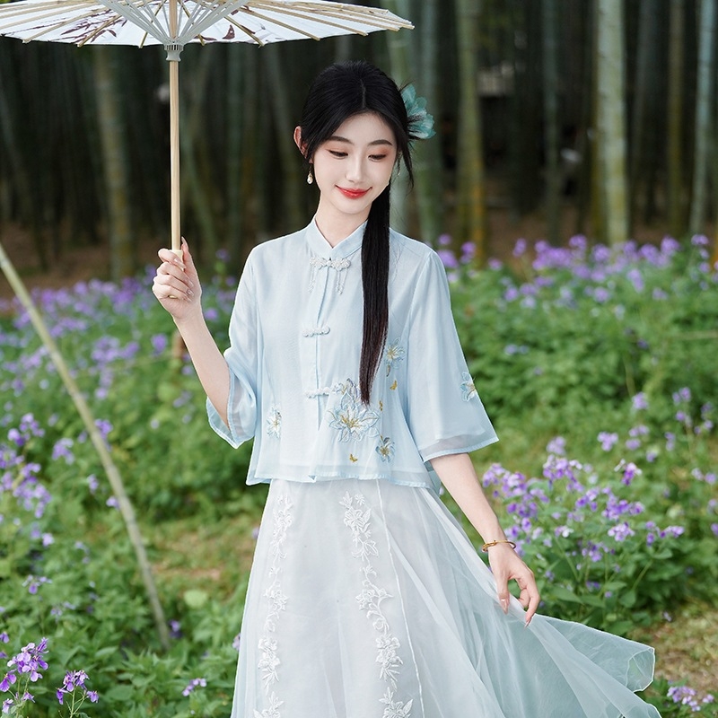 Ženski Hanfu set s vezenjem u kineskom stilu, zen motiv čaja, ljeto