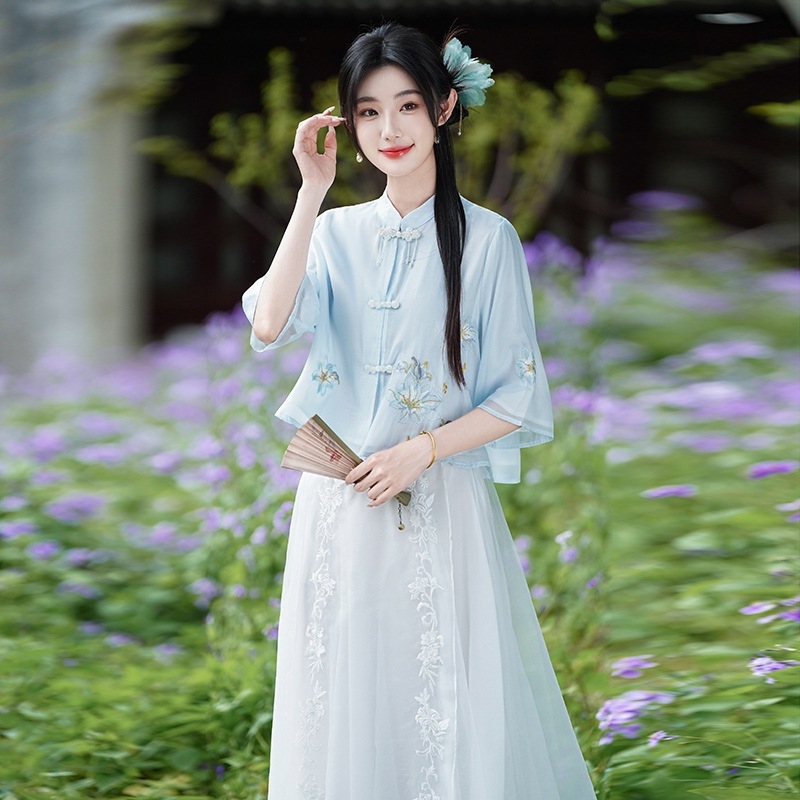 Ženski Hanfu set s vezenjem u kineskom stilu, zen motiv čaja, ljeto