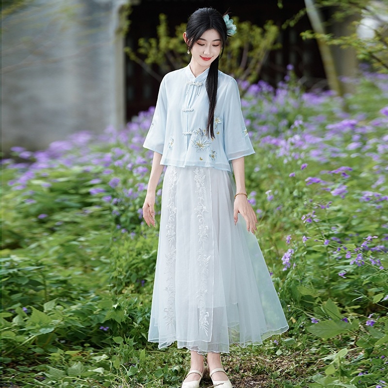 Ženski Hanfu set s vezenjem u kineskom stilu, zen motiv čaja, ljeto