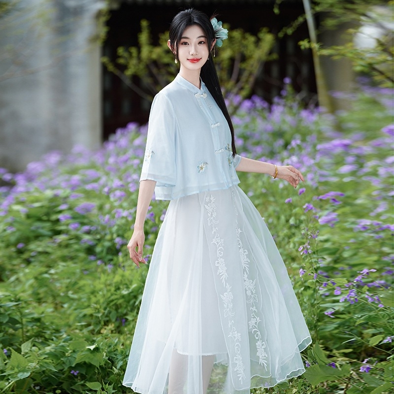 Ženski Hanfu set s vezenjem u kineskom stilu, zen motiv čaja, ljeto
