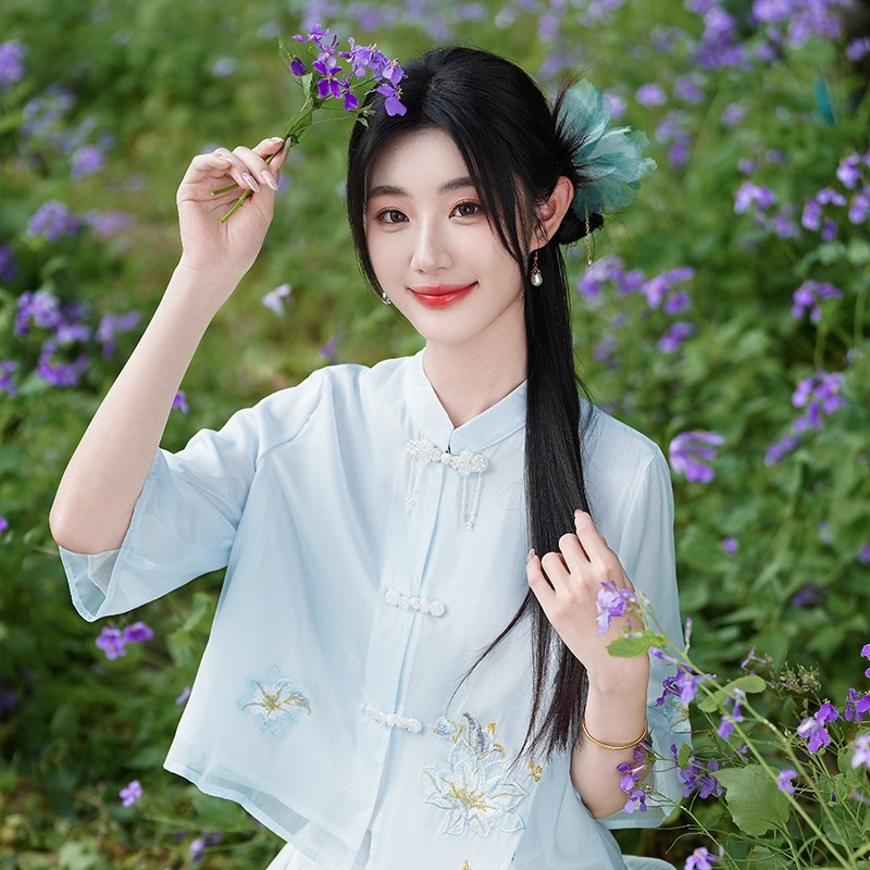 Ženski Hanfu set s vezenjem u kineskom stilu, zen motiv čaja, ljeto