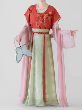 Original Tang stil Hanfu za žene, proljeće-ljeto, [Little Lychee] ispis, suknja s osam panela do struka, geometrijski uzorak, uglađeni ljetni stil