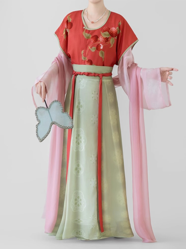 Original Tang stil Hanfu za žene, proljeće-ljeto, [Little Lychee] ispis, suknja s osam panela do struka, geometrijski uzorak, uglađeni ljetni stil