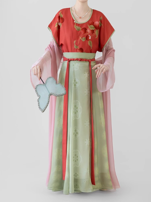 Original Tang stil Hanfu za žene, proljeće-ljeto, [Little Lychee] ispis, suknja s osam panela do struka, geometrijski uzorak, uglađeni ljetni stil