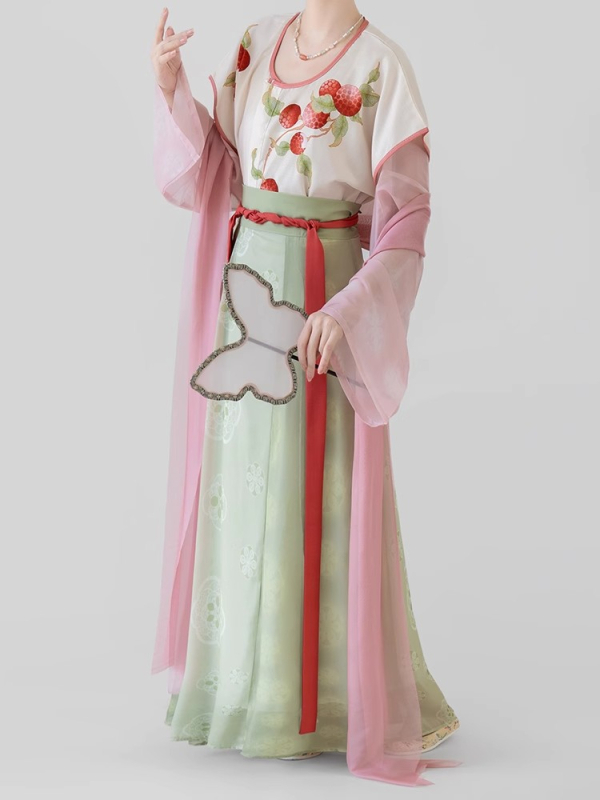 Original Tang stil Hanfu za žene, proljeće-ljeto, [Little Lychee] ispis, suknja s osam panela do struka, geometrijski uzorak, uglađeni ljetni stil