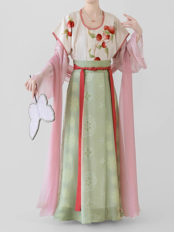 Original Tang stil Hanfu za žene, proljeće-ljeto, [Little Lychee] ispis, suknja s osam panela do struka, geometrijski uzorak, uglađeni ljetni stil
