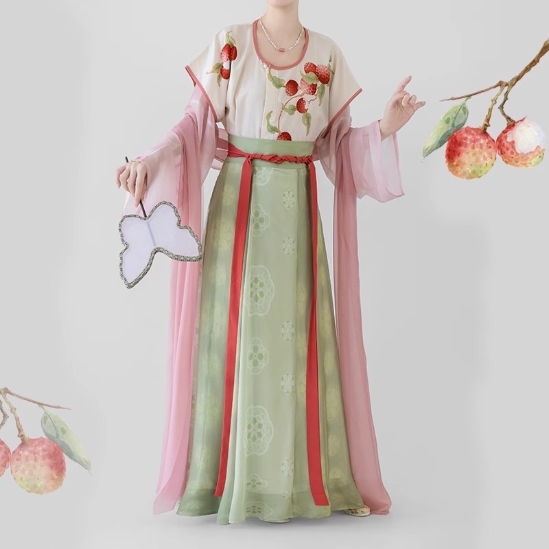 Original Tang stil Hanfu za žene, proljeće-ljeto, [Little Lychee] ispis, suknja s osam panela do struka, geometrijski uzorak, uglađeni ljetni stil