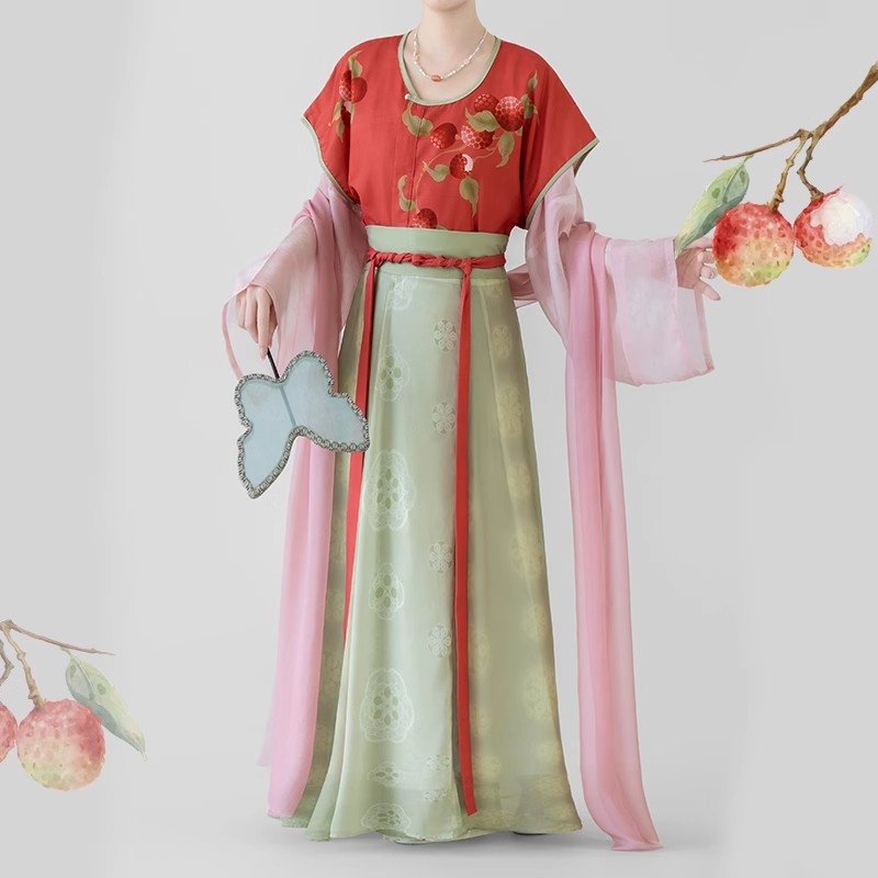 Original Tang stil Hanfu za žene, proljeće-ljeto, [Little Lychee] ispis, suknja s osam panela do struka, geometrijski uzorak, uglađeni ljetni stil