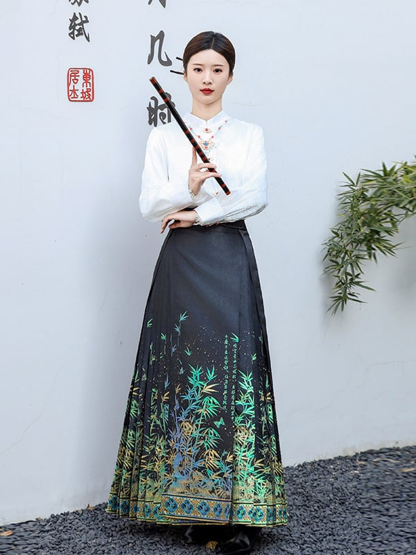Ženski Hanfu u Ming stilu: suknja s florálnim uzorkom i zlatnim tkanjem, ukrašena perlama, svakodnevni komad