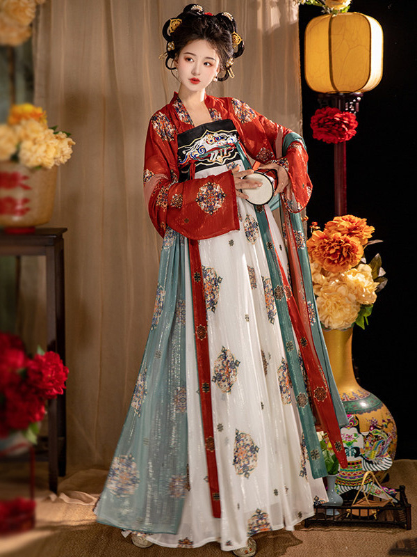 Ženski hanfu Tang stil, restaurirani model, gornji dio do prsa s izvezenom i suknja, nacionalni stil, proljetno-ljetna svakodnevna odjeća