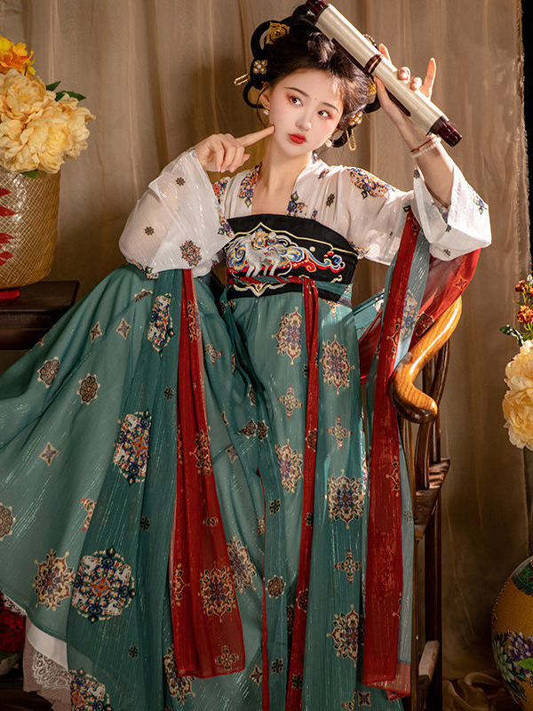 Ženski hanfu Tang stil, restaurirani model, gornji dio do prsa s izvezenom i suknja, nacionalni stil, proljetno-ljetna svakodnevna odjeća