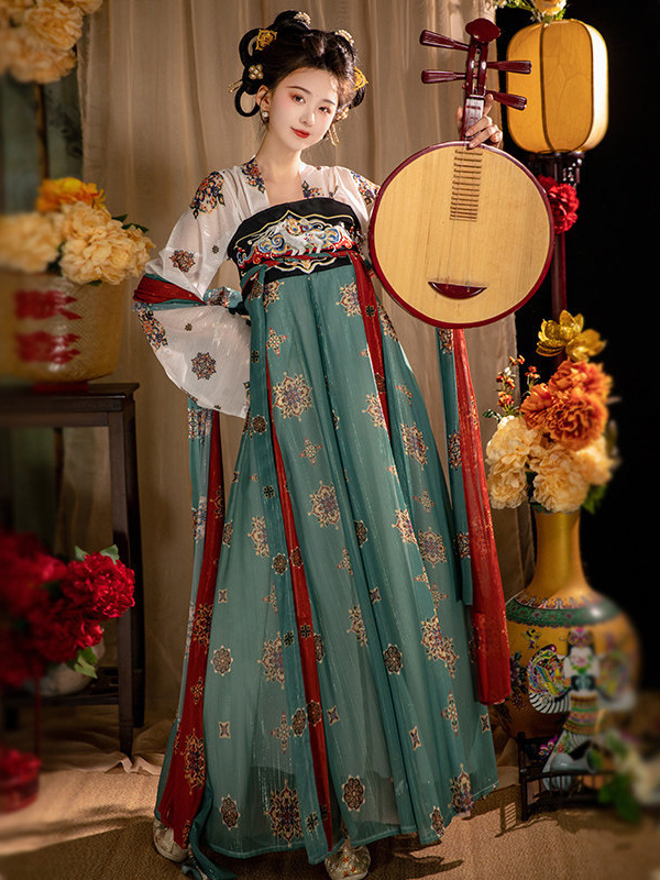 Ženski hanfu Tang stil, restaurirani model, gornji dio do prsa s izvezenom i suknja, nacionalni stil, proljetno-ljetna svakodnevna odjeća
