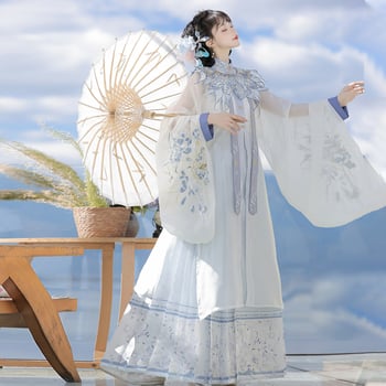 Hanfu u Ming dinastije s uspravnim ovratnikom, preklopnim prednjim zatvaranjem, dugim rukavima, teškim vezom, oblacnim ramenima i suknjom s motivom konjske maske, za žene, proljeće/ljeto.