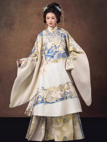Ženski Hanfu u stilu Ming, bogato izvezen zlatnim nitima, raskošna duga haljina s okruglim izrezom i dvostrukim prednjim dijelom, suknja Mamian