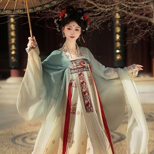 Ženski hanfu u tang stilu, izvezeni top s preklopnim ovratnikom i suknja s osam naborima, svakodnevno nošenje, proljetna boja